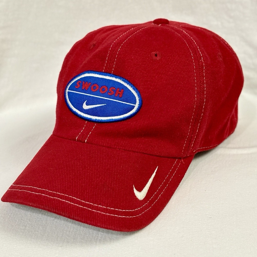 Vintage Nike Oval Logo Snapback Hat Red Swoosh Spellout Adjustable Cap 90s